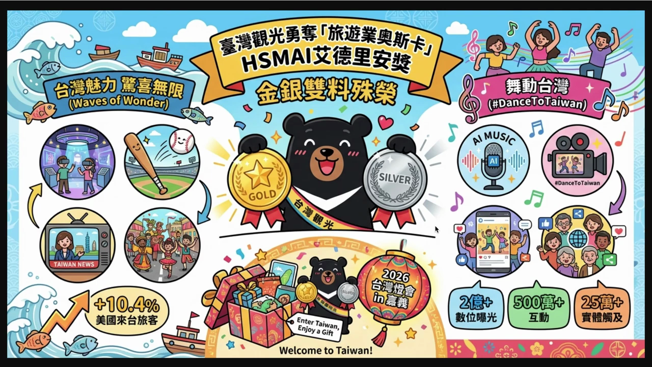 AI 生成完成的懶人包圖卡，主題為台灣觀光勇奪 HSMAI 艾德里安獎金銀雙料殊榮