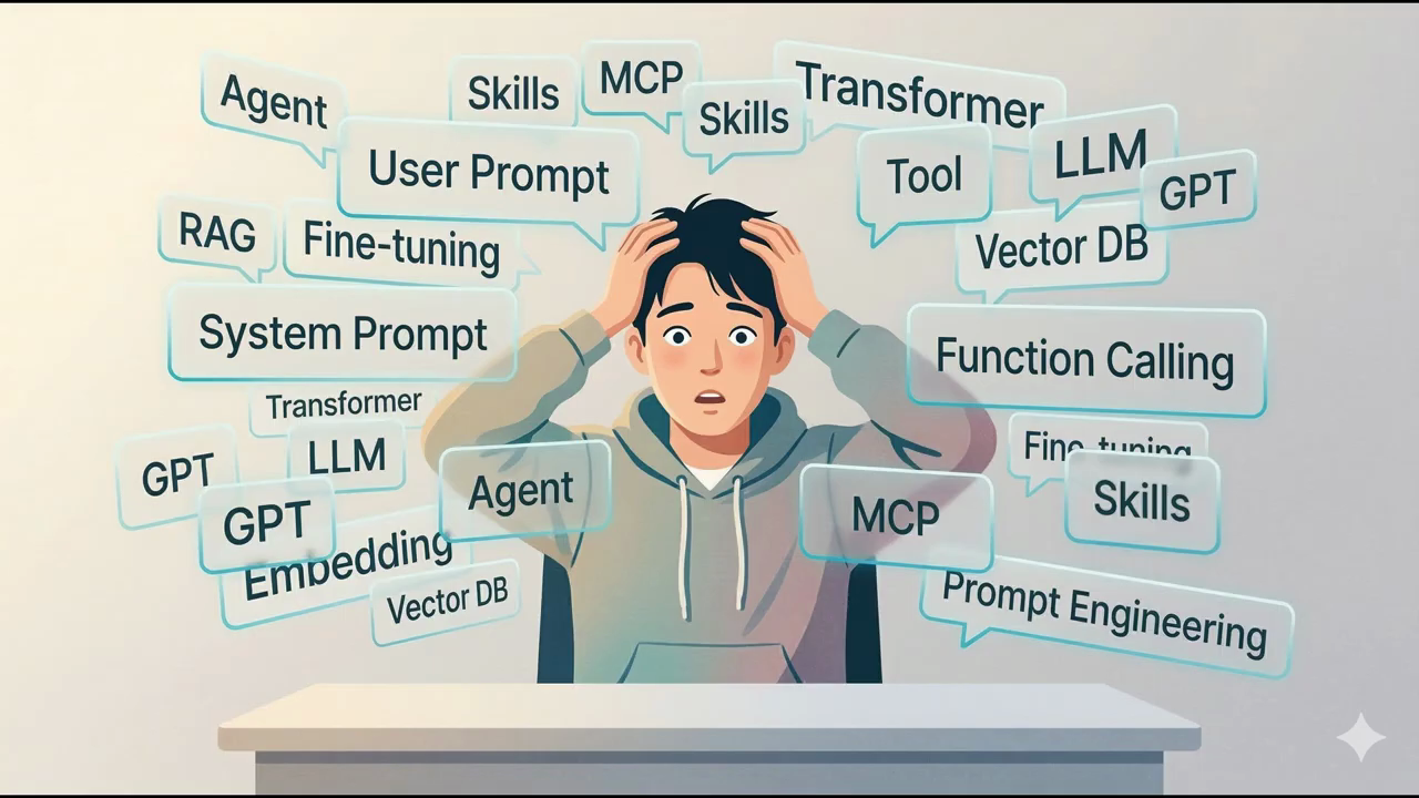 一名男子被滿天的 AI 名詞泡泡包圍，抱頭苦惱，泡泡上寫著 Agent、MCP、Function Calling、Skills、LLM 等