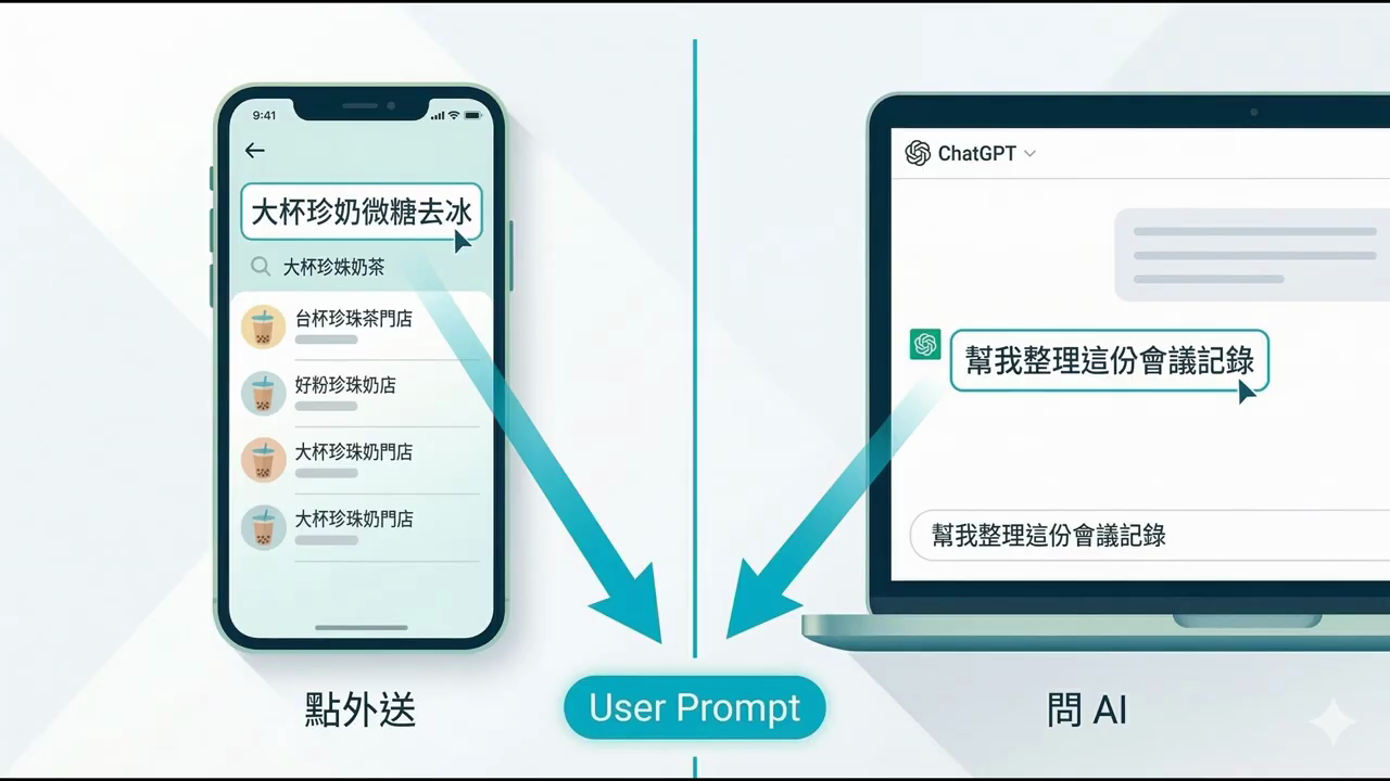左邊手機在外送 App 輸入大杯珍奶微糖去冰，右邊在 ChatGPT 輸入幫我整理這份會議記錄，中間標示 User Prompt