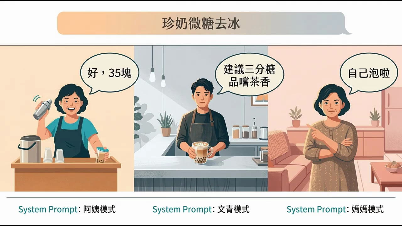 同一句珍奶微糖去冰，阿姨模式回好 35 塊、文青模式回建議三分糖品嚐茶香、媽媽模式回自己泡啦
