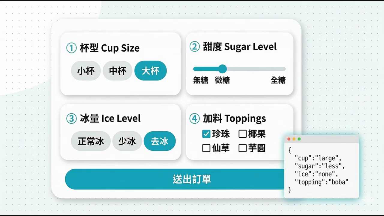 標準化點餐表單：杯型大杯、甜度微糖、冰量去冰、加料珍珠，右下角對應一段 JSON：cup large, sugar less, ice none, topping boba