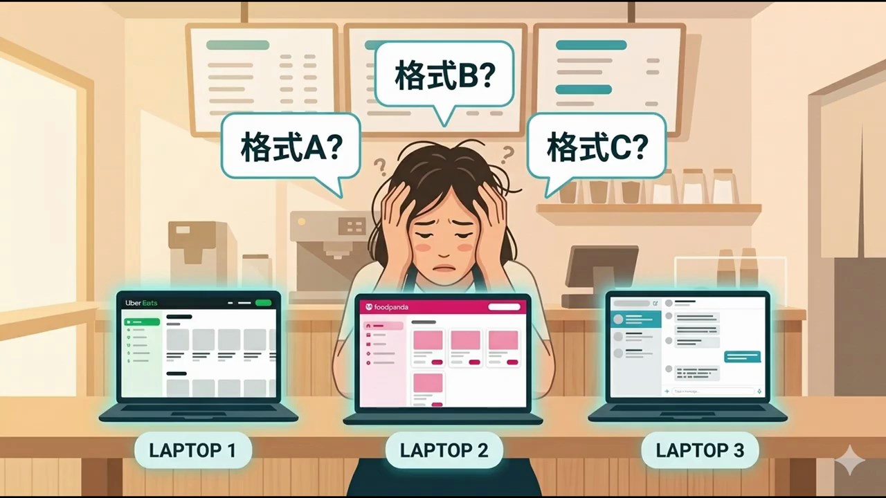 店家面對三台筆電：Uber Eats、Foodpanda、自家系統，三個對話泡泡分別是格式 A、格式 B、格式 C，店家抱頭苦惱
