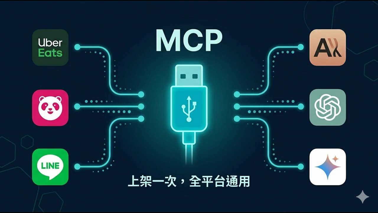 中央一個發光的 USB 接頭標示 MCP，左邊接 Uber Eats、Foodpanda、LINE，右邊接各家 AI，下方寫上架一次全平台通用