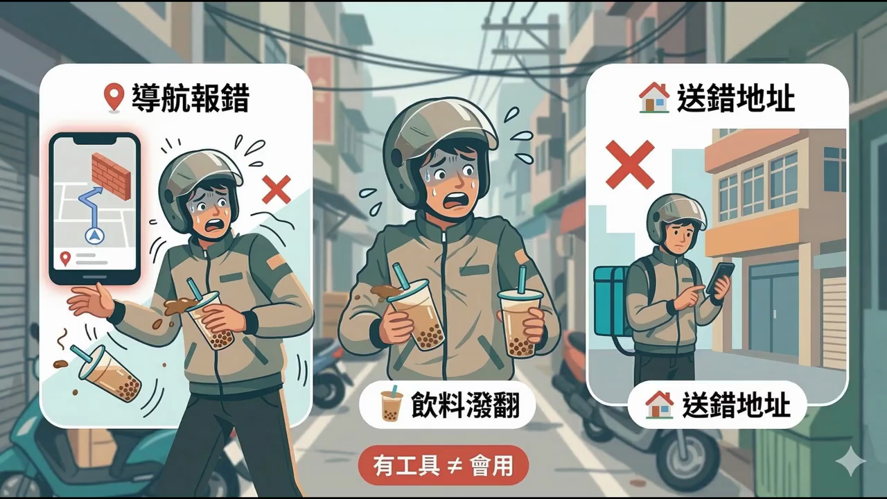 菜鳥外送員三種慘況：導航報錯、飲料潑翻、送錯地址，下方標示有工具不等於會用
