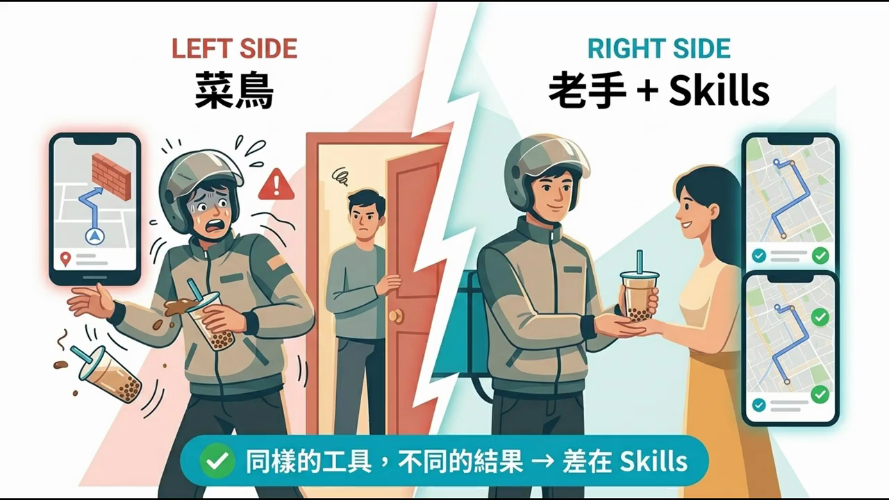 左邊菜鳥飲料潑翻、右邊老手加 Skills 順利送達微笑交付，下方標示同樣的工具不同的結果差在 Skills