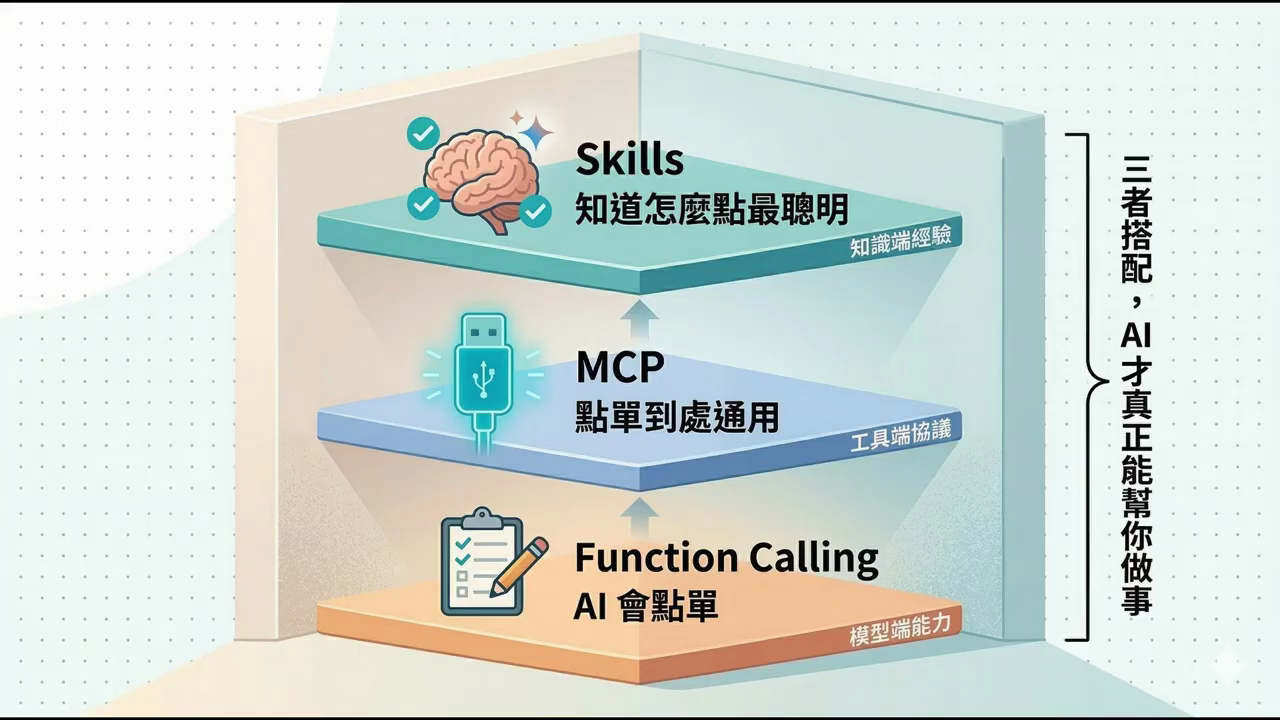 三層堆疊圖：最底層 Function Calling（AI 會點單，模型端能力）、中層 MCP（點單到處通用，工具端協議）、最上層 Skills（知道怎麼點最聰明，知識端經驗），右側標示三者搭配 AI 才真正能幫你做事