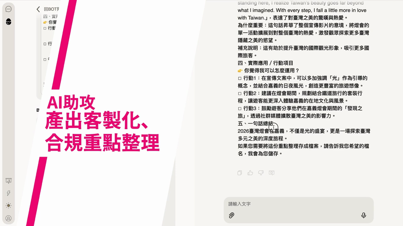 對話框右側顯示 AI 依格式整理好的重點，包含關鍵重點、行動項目與一句話總結