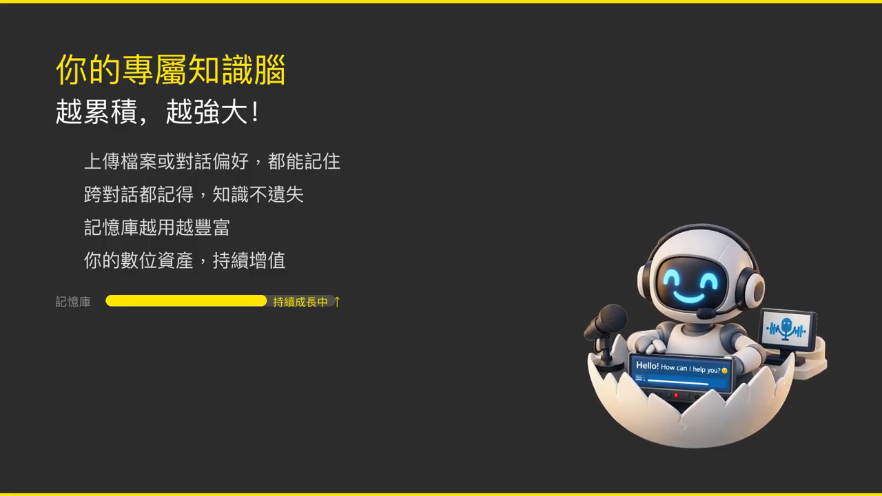 說明畫面：你的專屬知識腦越累積越強大，記憶庫持續成長中