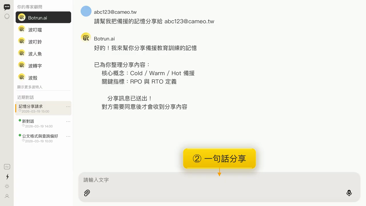 使用者請波特人把備援記憶分享給某帳號，波特人回覆分享訊息已送出，畫面標示一句話分享