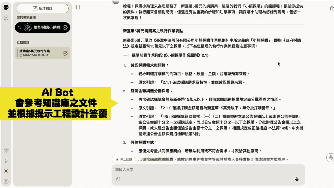 Bot 條列回答 5 萬元請購案流程並附原文引證，黃色字卡：AI Bot 會參考知識庫之文件並根據提示工程設計答覆
