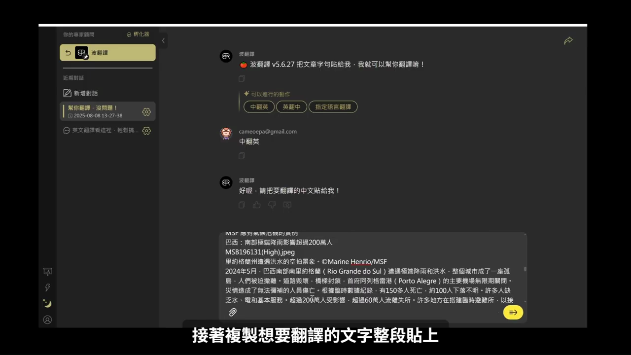 輸入框裡貼上了一整段中文文章，準備送出翻譯