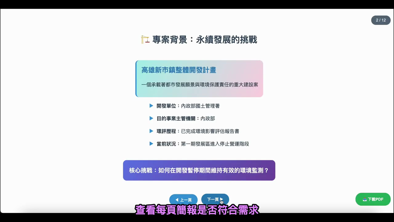 產出的簡報第 2 頁「專案背景」，下方有上一頁／下一頁與下載 PDF 鈕