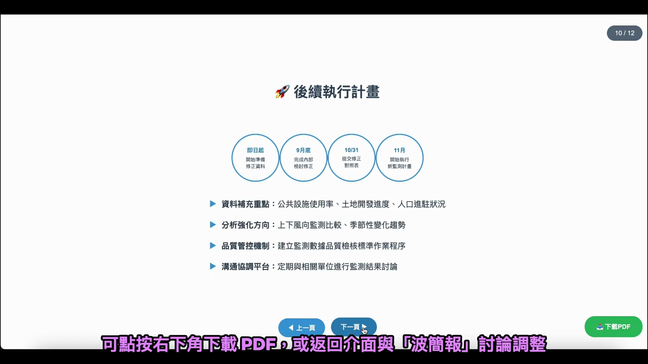 簡報頁面右下角的「下載 PDF」按鈕與翻頁控制