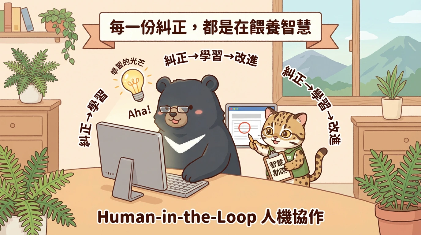 概念插圖：每一份糾正都是在餵養智慧，糾正→學習→改進的循環，Human-in-the-Loop 人機協作