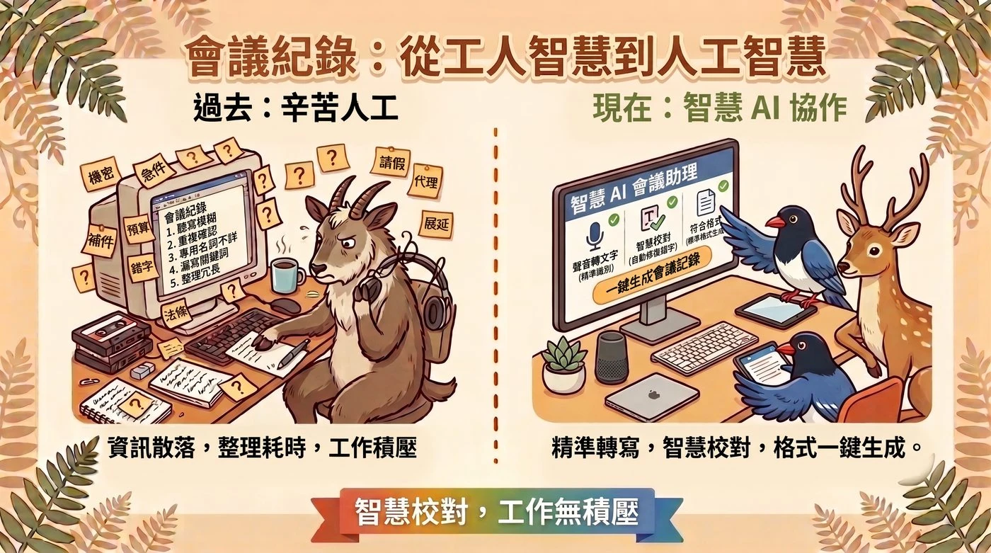 概念插圖：會議紀錄從工人智慧到人工智慧，左邊是過去辛苦人工整理、右邊是 AI 協作轉寫與校對