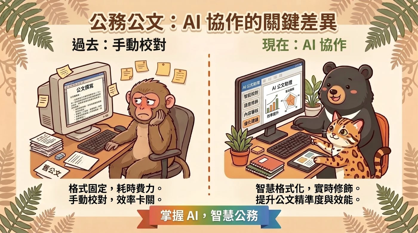 概念插圖：公務公文 AI 協作的關鍵差異，左邊是過去手動校對、右邊是現在的 AI 協作