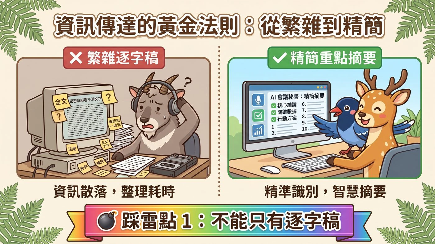 概念插圖：資訊傳達的黃金法則，左邊是繁雜逐字稿、右邊是精簡重點摘要