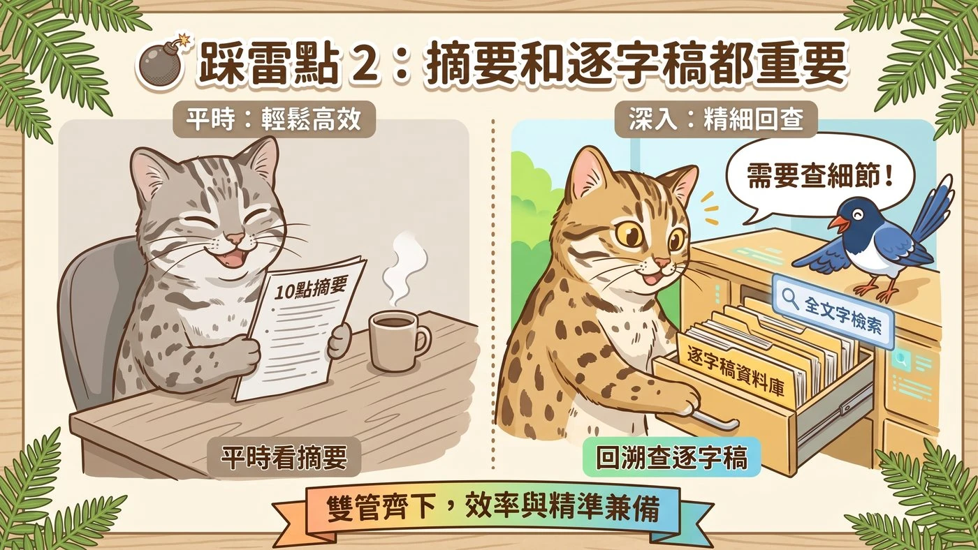 概念插圖：摘要和逐字稿都重要，平時看摘要、需要細節時回溯查逐字稿