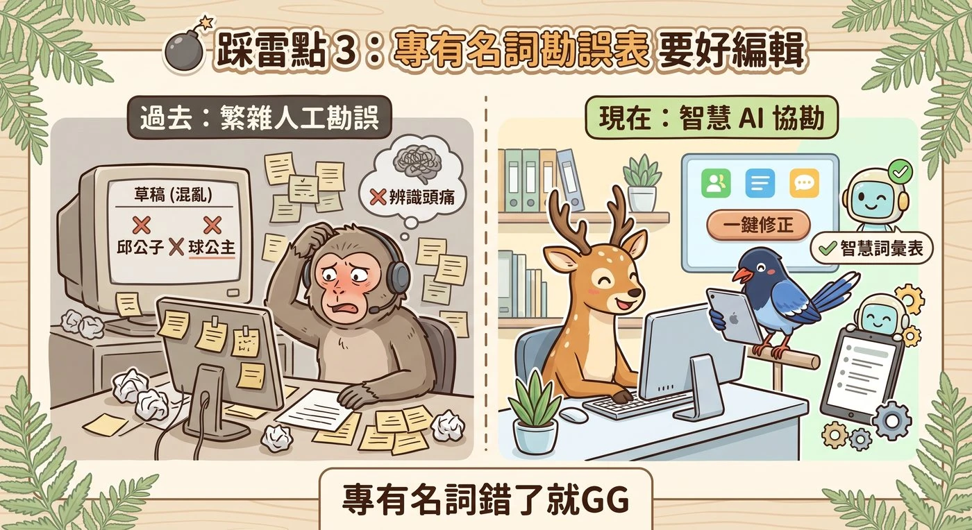 概念插圖：專有名詞勘誤表要好編輯，左邊是過去人工逐字挑錯、右邊是用詞彙表一鍵修正