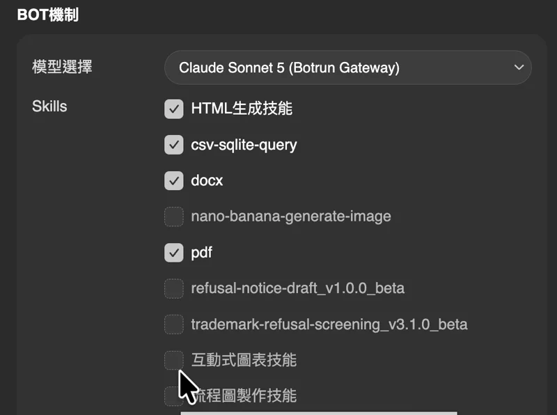 美波建立 BOT 頁面的 BOT 機制區塊：模型選擇下拉選單，以及 HTML生成技能、csv-sqlite-query、docx、pdf 四個已勾選的技能